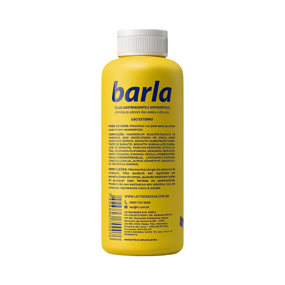 Verso do frasco do Talco Barla Antisséptico Pes Perfumado 140g com instruções e composição
